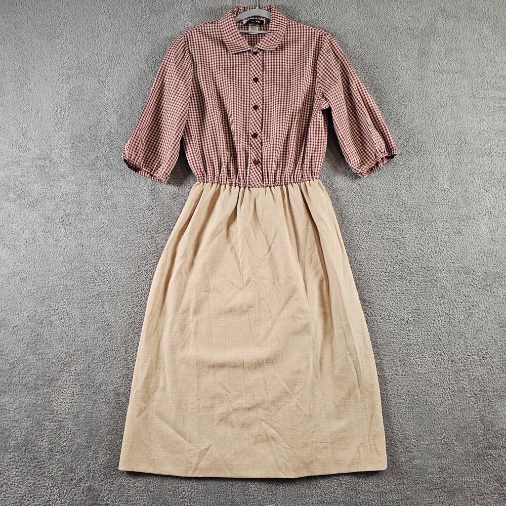 Melissa Lane Vintage Gingham Prairie Midi Dress Red Tan Button Front Size 12